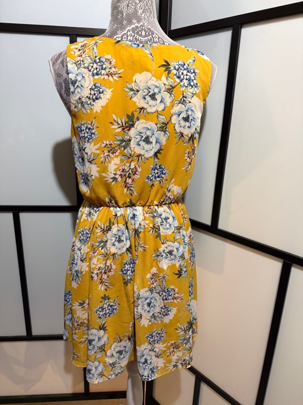 by & by Yellow Floral Sleeveless Midi Dress with Blue and White Blooms - Picture 3 of 6